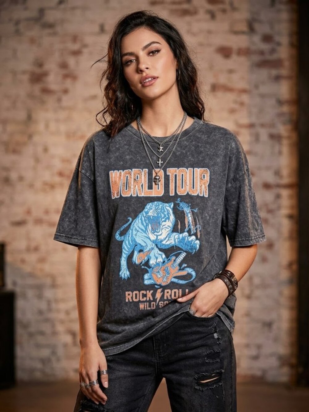 Zutter World Tour Rock & Roll Tiger Mineral Wash Graphic Tee Large